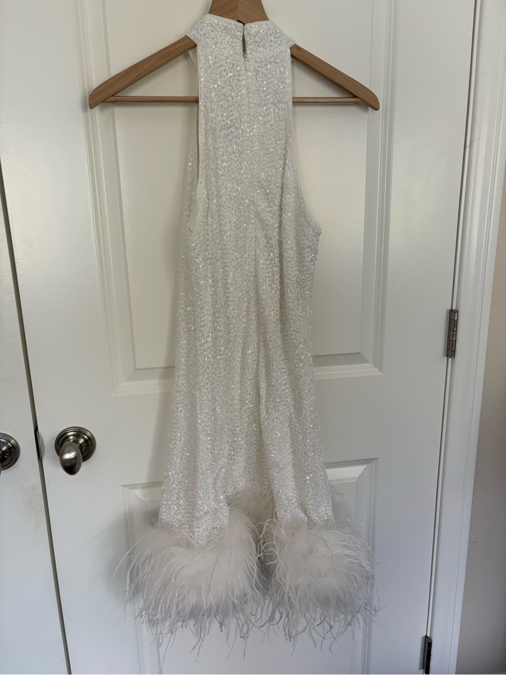 Club L London Lumi White Sequin Feather-Hem Halter Mini Dress - Picture 4 of 4